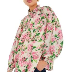 Tuckernuck Pink and Green Floral Smocked Neck Blouse